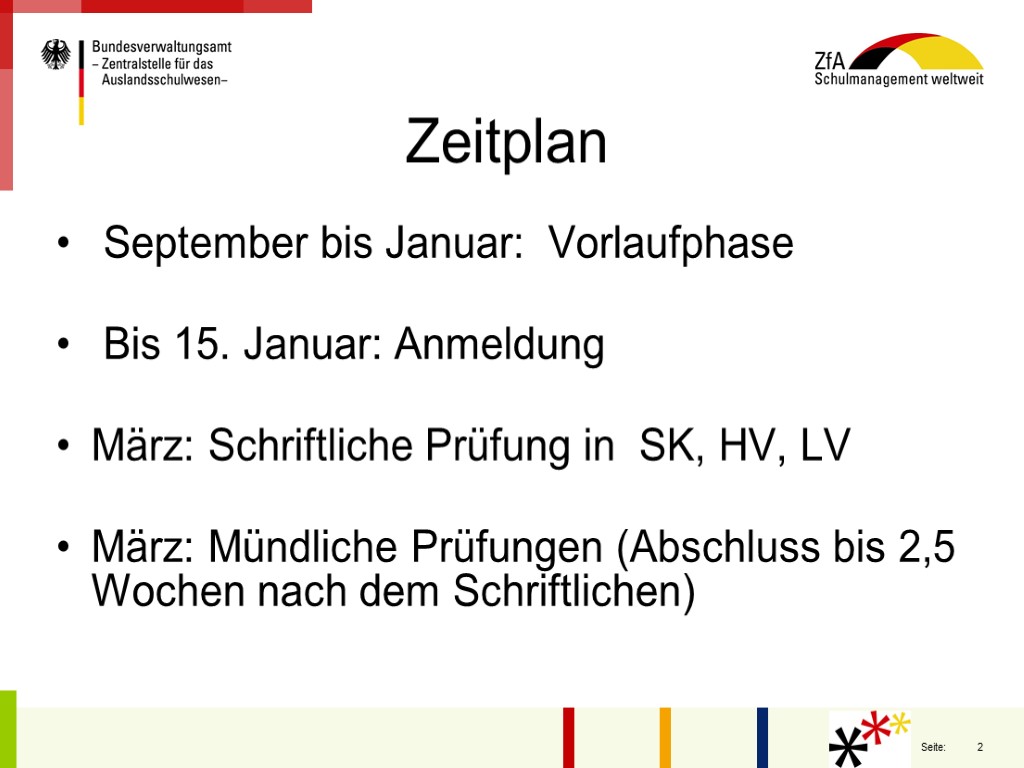 Zeitplan September bis Januar: Vorlaufphase Bis 15. Januar: Anmeldung März: Schriftliche Prüfung in SK,